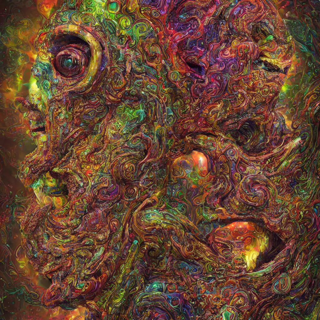 Prompt: a side view of a surreal portrait statue of elon musk as a psychedelic neural tiki reptile stone god by naoto hattori, android jones, and chris dyer, deep bold colors, galactic dmt entity, depth of field, intricate beautiful painting, billions of details, octane render, portal, 8 k, detailed vector, trending on artstation, cgisociety