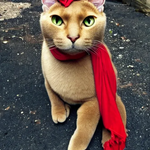 Image similar to a burmese cat with ginger fur, with a red bandanna around its neck and lots of mediterranean jewellery