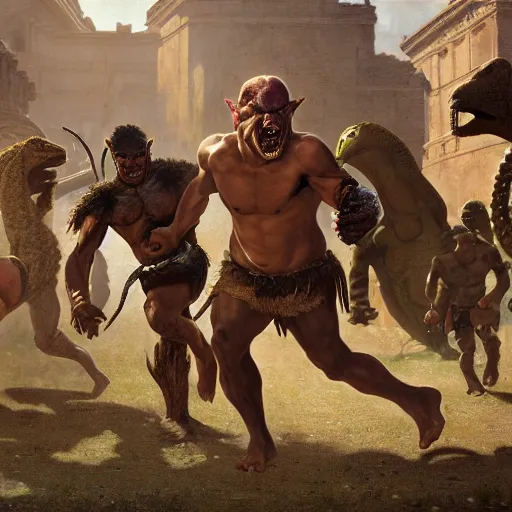 Image similar to Our Protagonist, a Dark Skinned Orc Barbarian Adventurer, winning in a foot race against soldiers mounted on Velociraptors, Aztec Coliseum, Oil Painting, hyperrealistic, octane render, Detailed Digital Art, RPG scene, William-Adolphe Bouguereau, Michael Cheval, dynamic lighting, Highly Detailed, Cinematic Lighting, 8k, HD