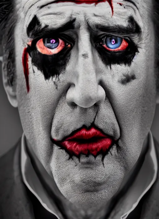 Image similar to photo of Nicolas Cage as the Joker by Lee Jeffries, smiling, detailed, award winning, Sony a7R