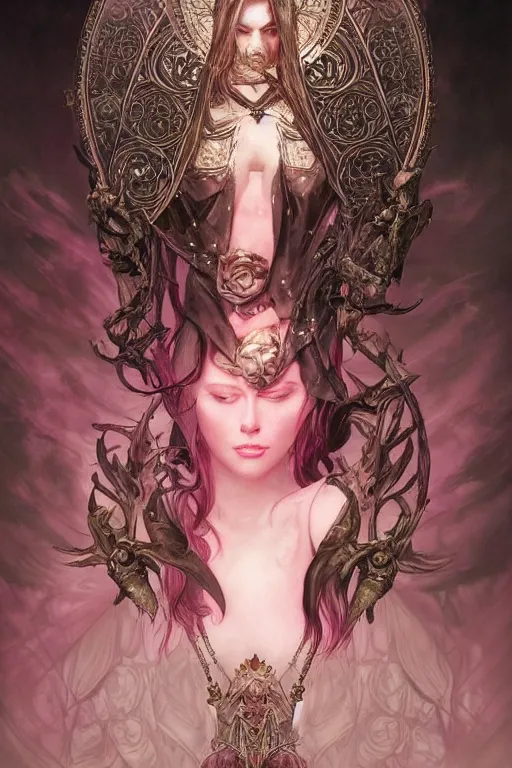 Prompt: Portrait of dark souls a goddess of love, pastel pink, dark fantasy, intricate, elegant, highly detailed, photographic, full-body portrait, artstation, concept art, smooth, sharp focus, illustration, art by artgerm and H R Giger and alphonse mucha