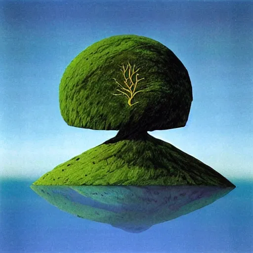 Image similar to a tree growing from a crystal rock floating in space, by roger dean