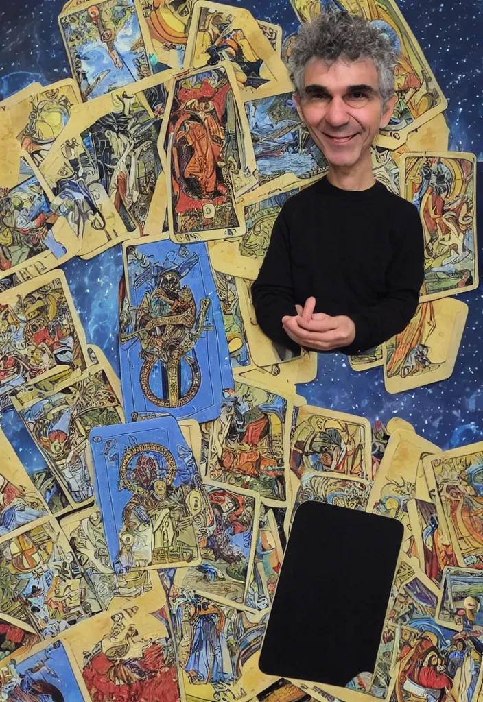 Image similar to Yoshua Bengio smiling on the Tarot card. Illustration.