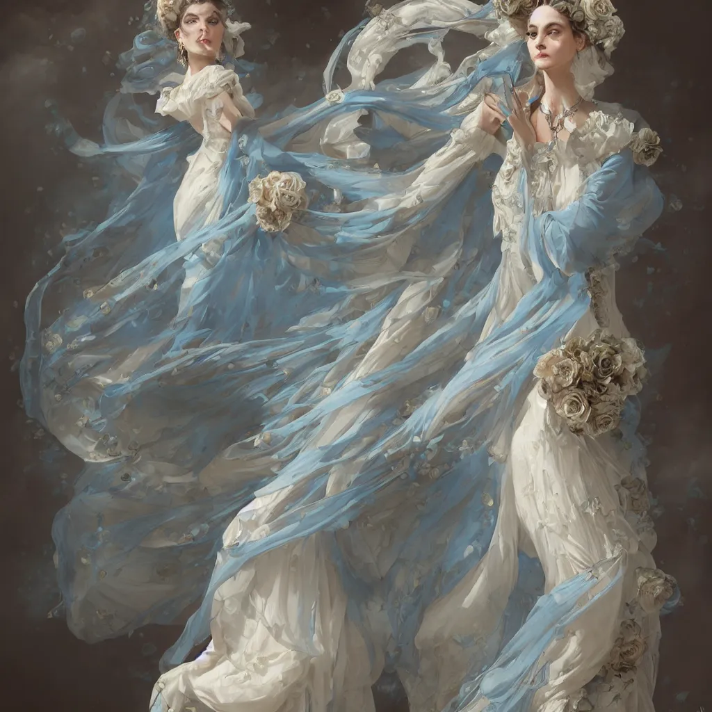 Image similar to lady dressed in a vaporous wrapped large victorian cream roses silk semi-transparent blue and cream dress fashion is running D&D, fantasy, intricate, elegant, highly detailed, digital painting, artstation, concept art, matte, sharp focus, illustration, art by Artgerm and Greg Rutkowski and Alphonse Mucha