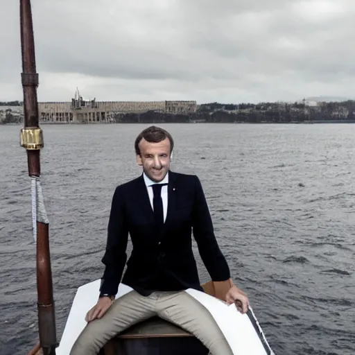 Image similar to Emmanuel Macron on a steamboat, dressed like 1912 ship captain, 50mm photography, high quality, 4K