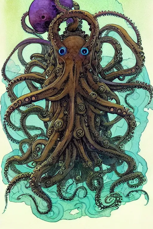 Prompt: a simple and atmospheric watercolour fantasy character concept art portrait of a mechanized android octopus as a druidic warrior wizard looking at the camera with an intelligent gaze, very muted colors, by rebecca guay, michael kaluta, charles vess and jean moebius giraud