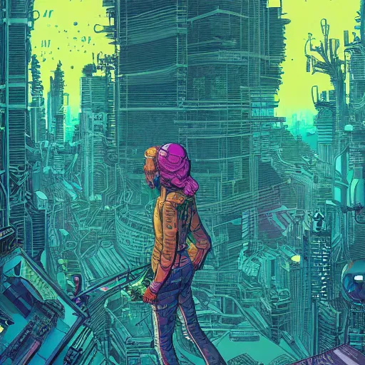 Image similar to Stunningly intricate illustration of single cyberpunk explorer overlooking lush forest, highly detailed, midnight, small glowing orbs by Josan Gonzalez and Dan Mumford , Moebius, Laurie Greasley