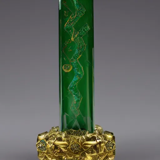 Image similar to photograph of a large green and teal crystal sword with a gold sword hilt