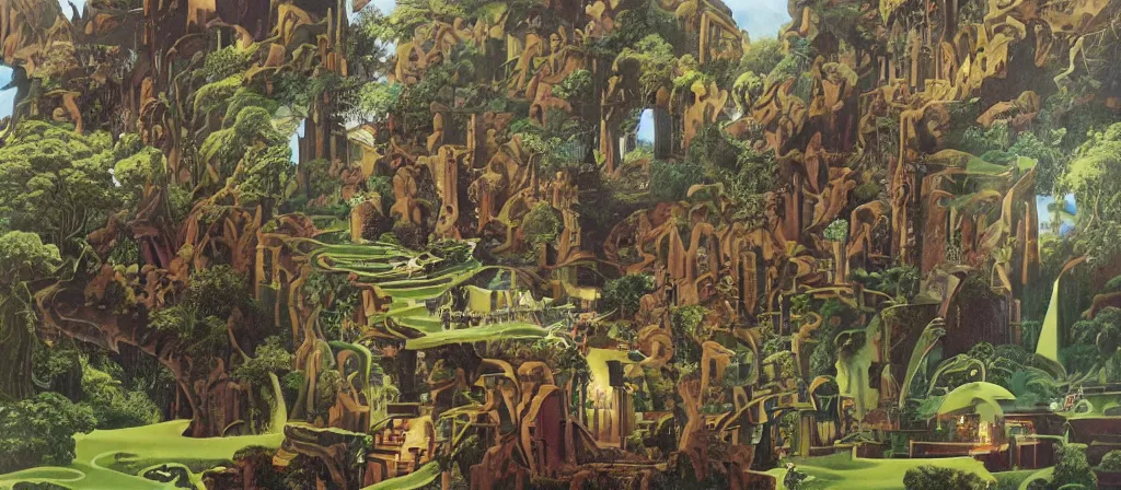 Image similar to huge gargantuan angular dimension of pagoda liminal spaces, temples by escher and ricardo bofill. utopian singaporean landscape by roger dean. magical realism, surrealism, lush sakura trees, waterfalls, thunder, lightning, cyberpunk, shot from below, epic scale