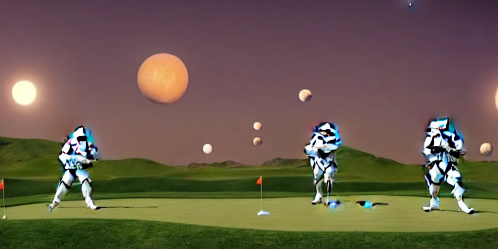 Image similar to stormtroopers playing golf on tatooine with 3 moons in the background, ultra detailed, vivid colors, volumetric lighting, futuristic, sharp focus