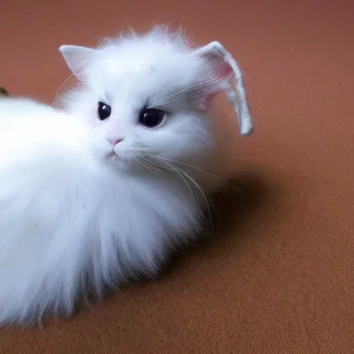 Prompt: bunny - cat hybrid with long curly white fluffy fur and extra long tail, by hayao miyazaki