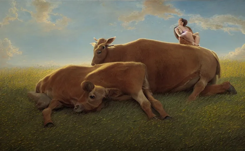 Image similar to a two headed brown calf ( ( laying down alone ) ) in a pasture, windy, stoic, modern, cgsociety, hyperdetailed, dramatic, stars, epic painting, shooting stars, painted by jean honore fragonard and greg rutkowski, full body, octane render, sharpness, 8 k, golden ratio