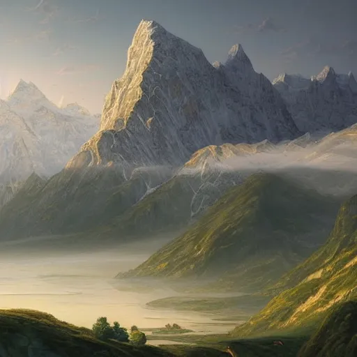 Prompt: Beautiful hyperrealistic detailed matte painting of a Landscape of the road with a view of the Swiss Alps with Lost Vibes in the foreground and distant mountains in the background, during hot summer, in the morning, a delicate mist, by andreas rocha and john howe, and Martin Johnson Heade, featured on artstation, featured on behance, golden ratio, ultrawide angle, f32, well composed, cohesive