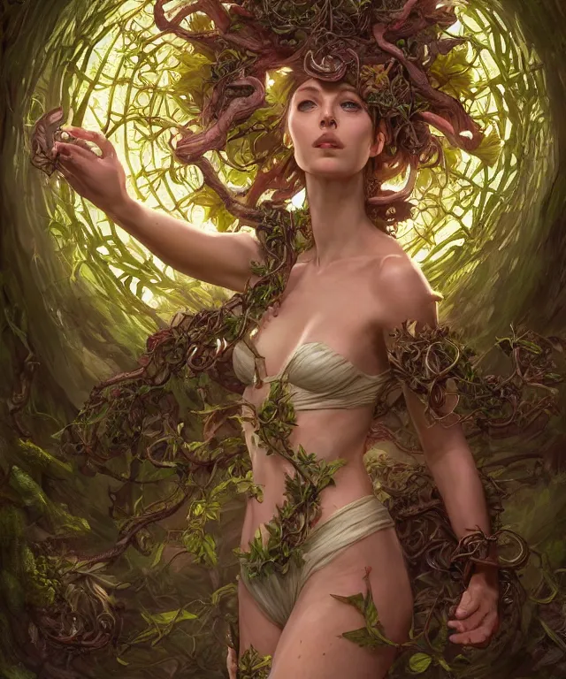 Prompt: a woman spore druid with leaf and vine themed clothing, fully clothed, glowing energy, D&D, fantasy, intricate, cinematic lighting, highly detailed, digital painting, artstation, concept art, smooth, sharp focus, illustration, art by Artgerm and Greg Rutkowski and Alphonse Mucha