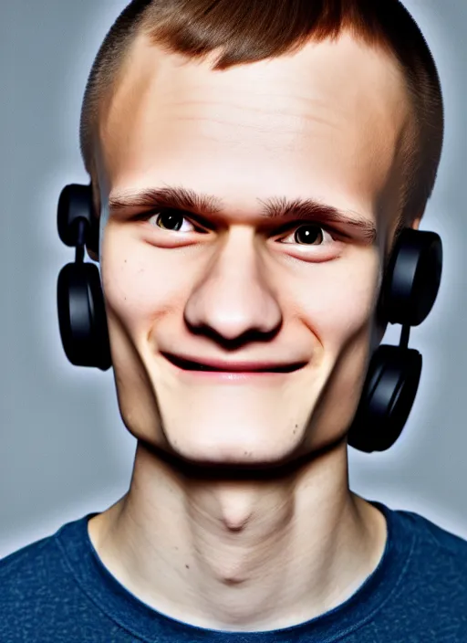 Prompt: beautiful smiling face, perfect symmetric face, coherent eyes, medium shot. vitalik buterin in headphones. vitalik buterin, medium shot, pixar style, high detail, very sharp, 4 k