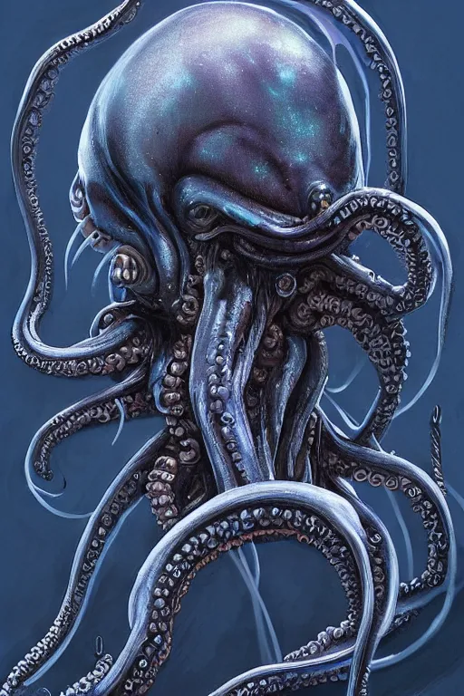 Prompt: digital portrait of octopus alien in the style of alien xenomorph, blue glow, machine face, intricate, elegant, highly detailed, digital painting, artstation, concept art, smooth, sharp focus, illustration, art by artgerm and greg rutkowski and hr giger, zdzisław beksinski, horror, slimy, blue glow 8 k