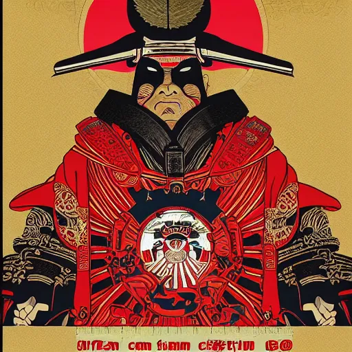 Image similar to an epic detailed political poster of a Japanese samurai in a temple, with Japanese text, high quality, intricate, detailed, 4k, by Shepard Fairey