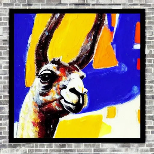 Image similar to “ abstract painting of a llama in a jersey dunking a basketball like michael jordan, shot from below, tilted frame, 3 5 °, dutch angle, extreme long shot, high detail, dramatic backlighting, indoors. in the background is a stadium full of people. ”