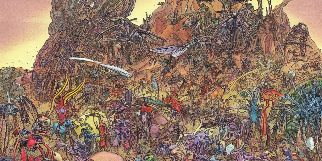 Prompt: insect carnival, by moebius