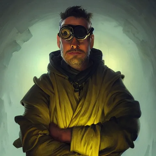 Prompt: an inventor, goggles, thin beard, messy black hair, d & d, solid yellow background, fantasy, intricate, cinematic lighting, highly detailed, digital painting, artstation, concept art, smooth, sharp focus, illustration, art by artgerm and greg rutkowski and alphonse mucha