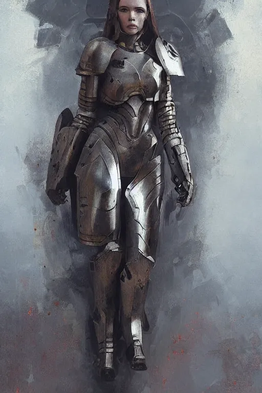 Image similar to full body girl metal armor painting by greg rutkowski