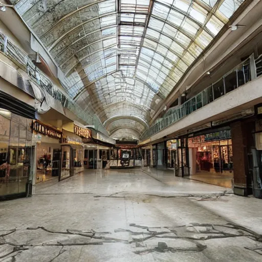 Prompt: a huge indoor mall from a byegone era, the faded signs are all that remains of the nostalgia of the past, the floor is overgrown with moss and vines, the skylight windows were broken open long ago, allowing for sunbeams to stream in, illuminating the ground with a soft glow