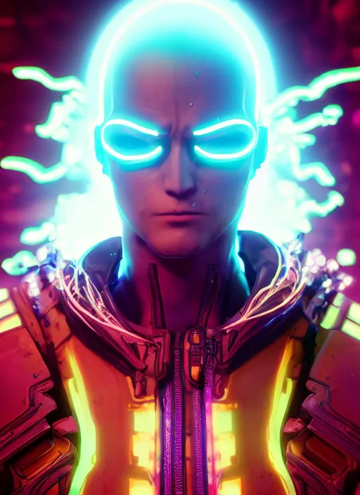 Image similar to glowwave portrait of saitama from borderlands 3, au naturel, hyper detailed, digital art, trending in artstation, cinematic lighting, studio quality, smooth render, unreal engine 5 rendered, octane rendered, art style by klimt and nixeu and ian sprigger and wlop and krenz cushart.