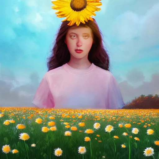 Image similar to girl with a giant daisies head, surreal photography, flower field, sunset dramatic light, impressionist painting, colorful clouds, blue sky, digital painting, artstation, simon stalenhag