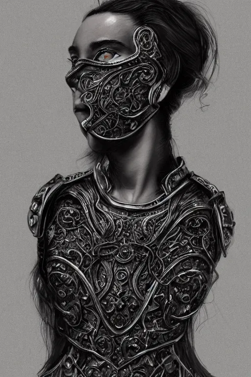 Image similar to a dark head and torso art nouveau portrait of a 16-year old girl who resembles Saoirse Ronan and Anya Taylor Joy with a worried, intense gaze and slightly opened mouth, ornate intricate iridescent battle armor, intricate, elegant, highly detailed, digital painting, artstation, concept art, smooth, sharp focus, illustration, art by John William Waterhouse and Bouguereau and Donato Giancola and alphonse mucha