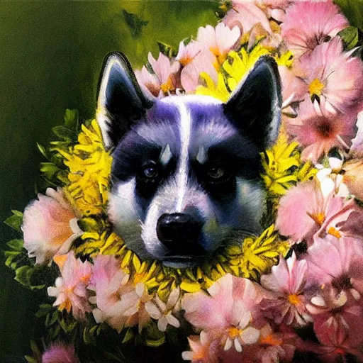 Prompt: beautiful painting of a cute husky sleeping in flowers. sci fi concept art by * caravaggio *