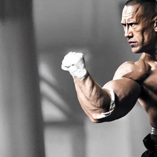 Image similar to film still of dwayne johnson as ip man, pose wing chun style