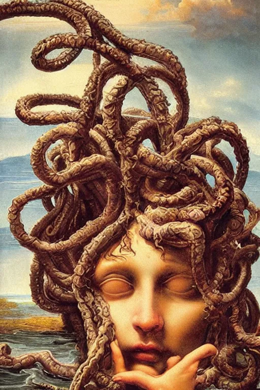 Image similar to Baroque painting of Medusa in a lake, inspired by Gustav Moreau and Wayne Barlowe, exquisite detail, hyper realism, ornate, exquisite detail, cute face