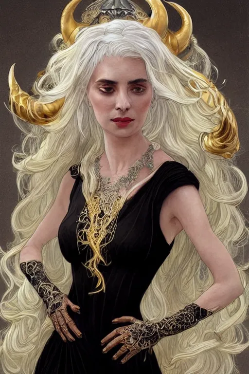 Image similar to fullbody!! of a beautiful woman with white hair, big natural horns on her head, long flowing intricate black lace dress, gold and gemstone jewellery, dnd, face, fantasy, intricate, elegant, highly detailed, digital painting, artstation, concept art, smooth, sharp focus, illustration, art by artgerm and greg rutkowski and alphonse mucha