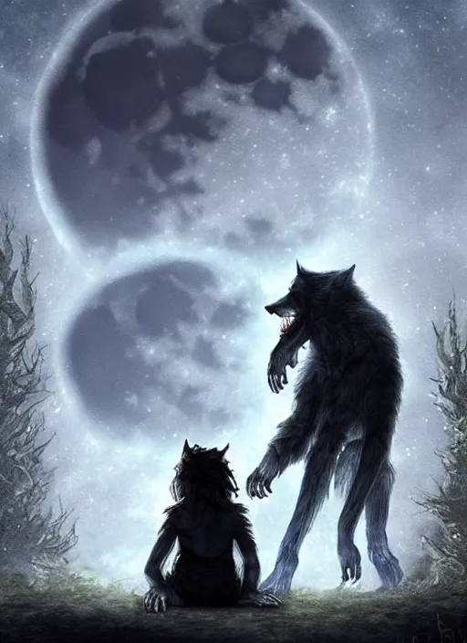 Prompt: a werewolf and a human child sitting next to each other, seen from behind, looking at the moon, fantasy art, matte painting, highly detailed