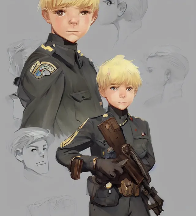 Image similar to character concept art of a cute young german boy with blond hair and bluish eyes, wearing a military uniform. lovely - fine - face, key visual, realistic shaded perfect face, fine details by rossdraws, james jean, andrei riabovitchev, marc simonetti, sakimichan, trending on artstation