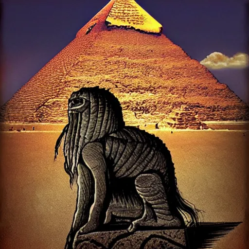 Prompt: an eldritch god fallen from grace, perched atop a great pyramid made of obsidian with strange runes,