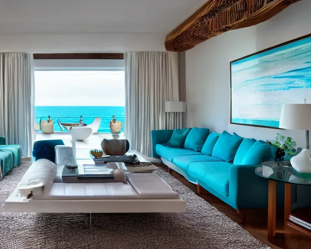 Image similar to A modern living room in a ocean hues style next to a big terrace overlooking the ocean, a luxurious wooden coffee table with large seashells on top in the center, inspired by the ocean, calm, relaxed style, harmony, wide angle shot, 8k resolution, ultra detailed