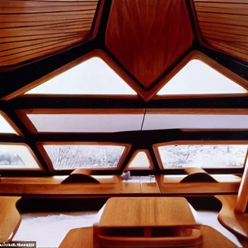 Prompt: the interior of a 1 9 7 0 s space ship carved out of wood, designed by eero saarinen, trees and snow visible through the windows