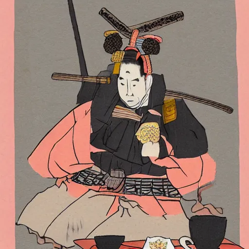 Image similar to a samurai at a tea party