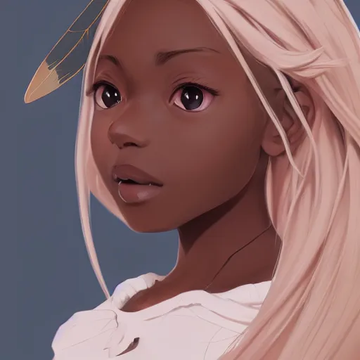 Image similar to portrait of a dark skinned woman with blonde hair and fox ears, wings, highly detailed, digital painting, artstation, matte, by makoto shinkai, animation style, studio ghibli, anime key visual