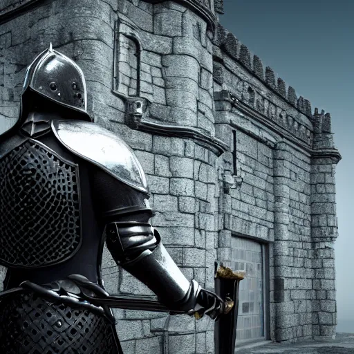 Prompt: knight in black armour posing while holding a detailed silver sword standing in front of castle, focused, in frame, high resolution, realistic, 8 k hyper real, rtx, unreal engine 5