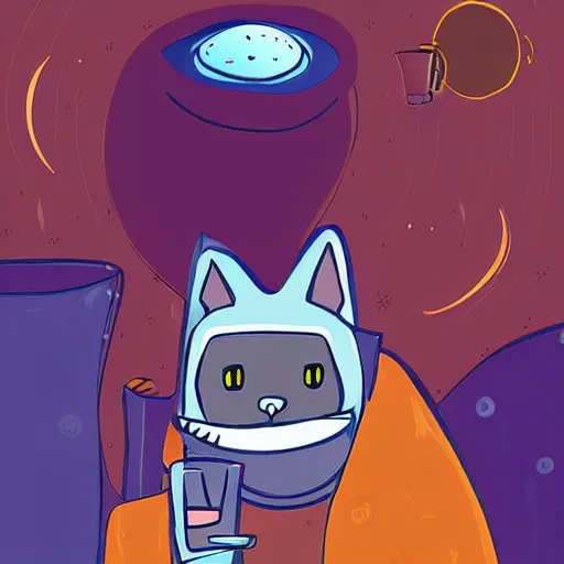 Prompt: cat is drinking beer on a spaceship, digital art