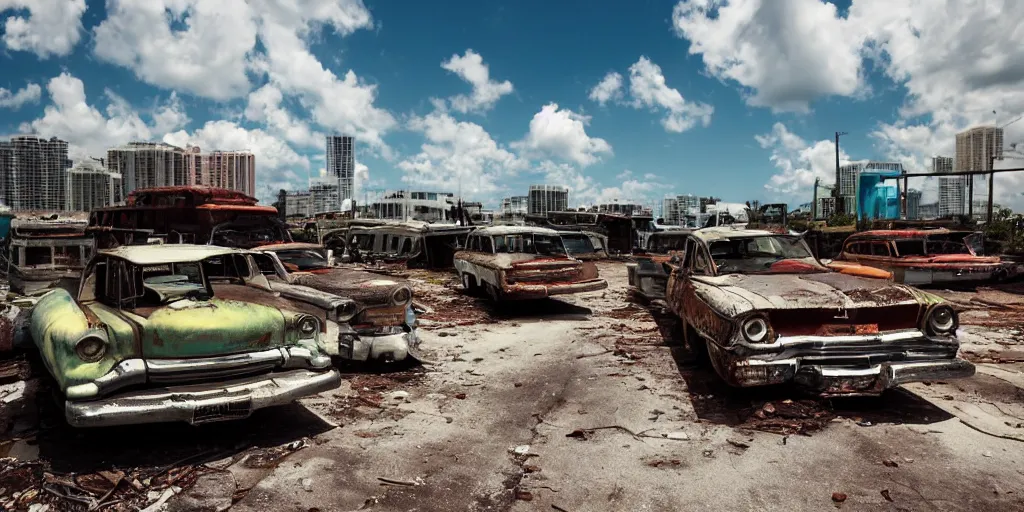 Image similar to low wide angle shot of dilapidated fallout 5 miami, tropical coastal city, desolate, dilapidated neon signs, few rusted retro futuristic vintage parked vehicles like cars, buses, trucks, trams, sunny weather, few clouds, volumetric lighting, photorealistic, daytime, spring, sharp focus, ultra detailed, 4 0 0 0 k