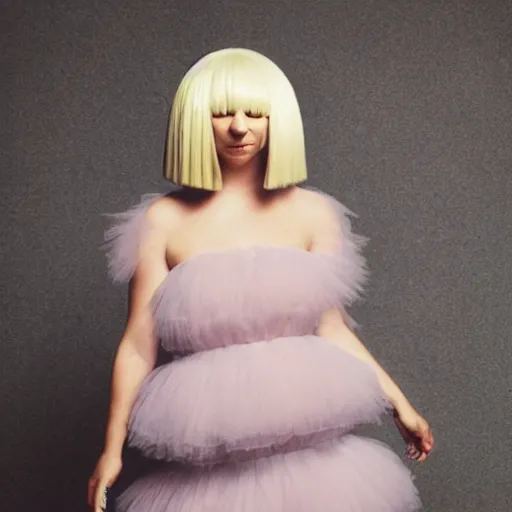 Image similar to Sia furler photoshoot wearing a dress full body puffy wig