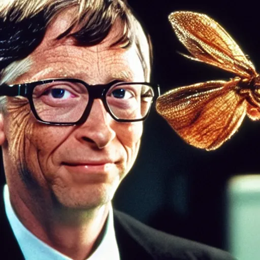 Image similar to a film still of Bill Gates turning slowly into a fly from the movie The Fly, promotional photo