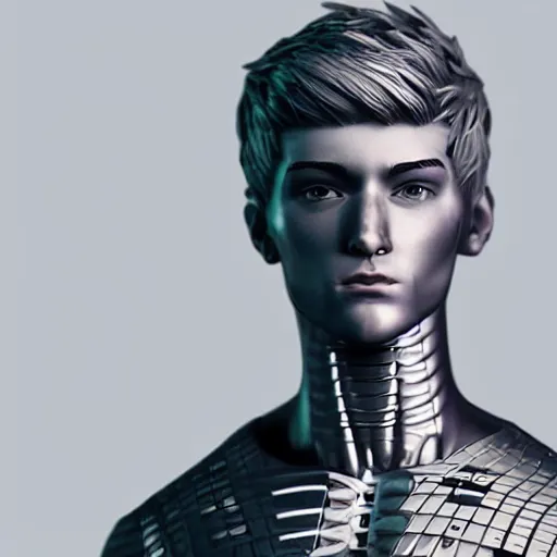 Prompt: “a realistic detailed photo of a guy who is an attractive humanoid who is half robot and half humanoid, who is a male android, twitch streamer Ninja Tyler Blevins, shiny skin, posing like a statue, blank stare, gaming tournament”