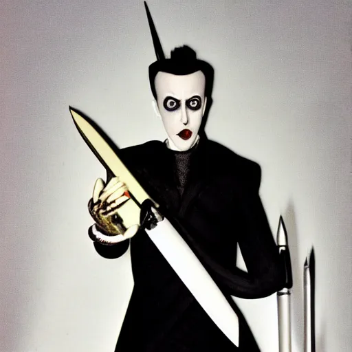 Image similar to a high quality product photo ad of klaus nomi with a technical reed rollerball pen exacto knife by junji ito, ethereal eel