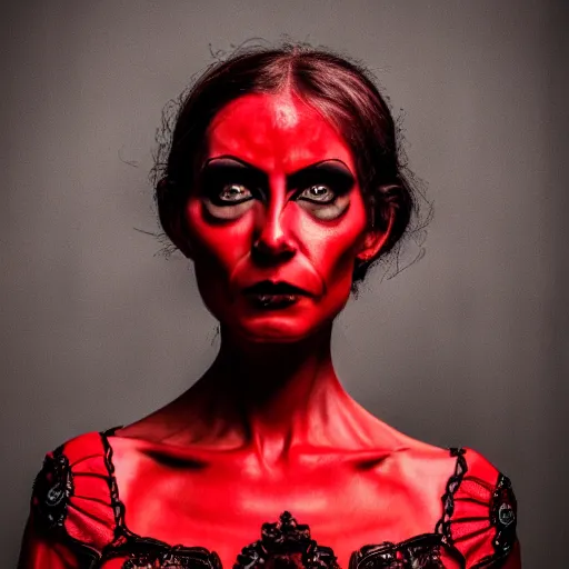 Image similar to stunning beautiful portrait photography of a face detailing demonic Countess wearing red and black dress from national geographic magazine award winning, dramatic lighting, taken with Sony alpha 9, sigma art lens, medium-shot