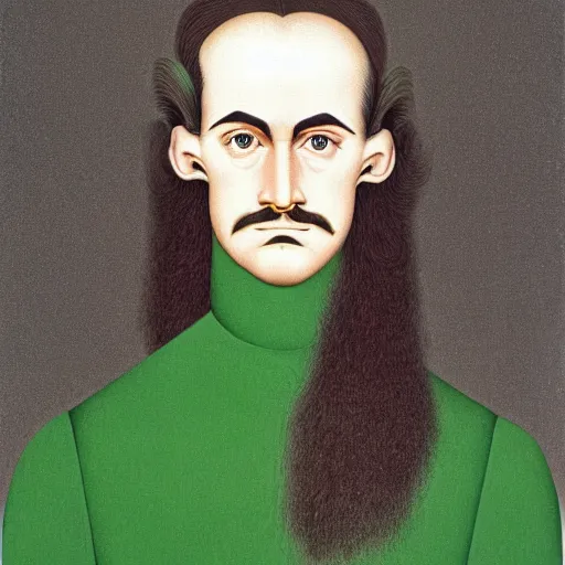 Image similar to young man, long hair, short facial hair, no mustache, dark green eyes, dark eyebrows, light widows peak light facial hair, in the style of mauritz cornelis escher, in - frame