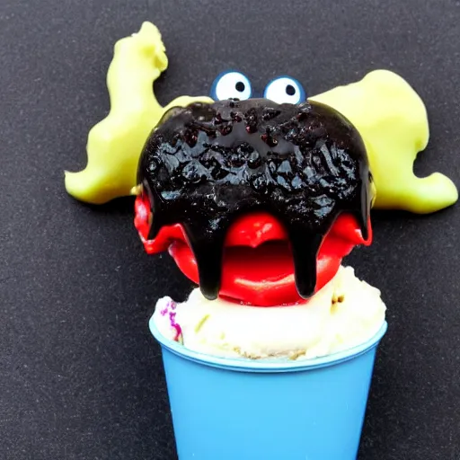 Prompt: add tongue and eyes and monster on the ice cream.